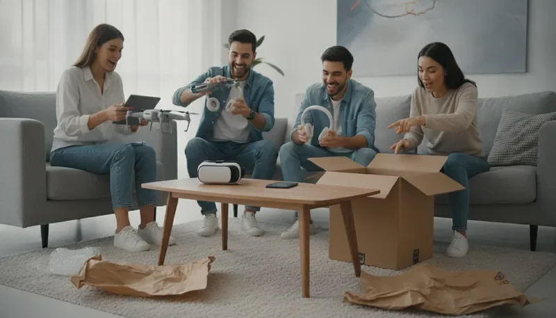 קונים צעירים פותחים חבילות בבית בסלון מודרני מואר